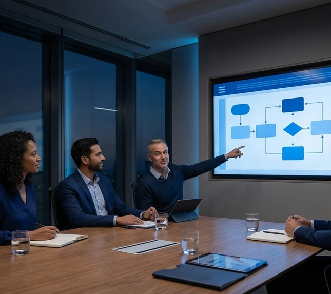 Business leaders reviewing improved workflow outcomes