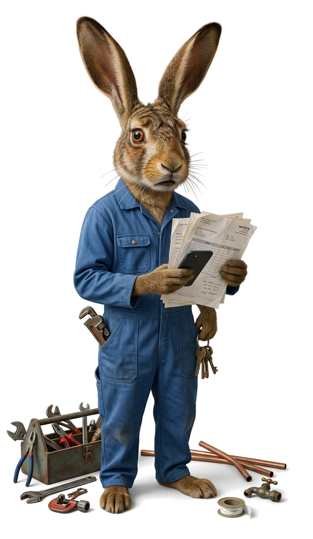 Stressed sole trader plumber handling a phone and paperwork